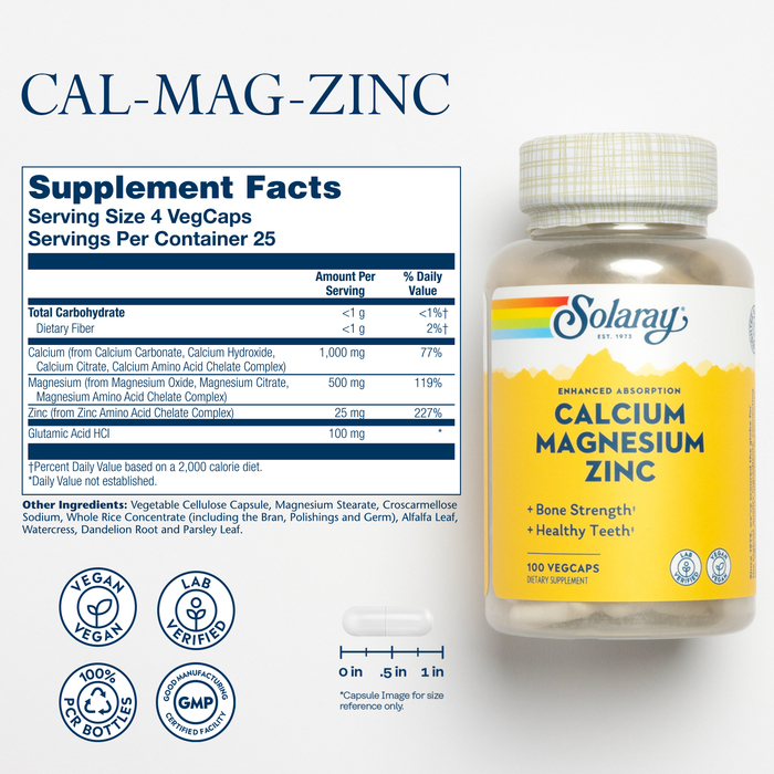 SOLARAY Calcium Magnesium Zinc Supplement - with Calcium 1000mg, Magnesium 500mg - Bone Health, Muscle Function, Heart Health and Immune Support - Vegan, 60 Day Guarantee, 25 Servings, 100 VegCaps (100 CT)