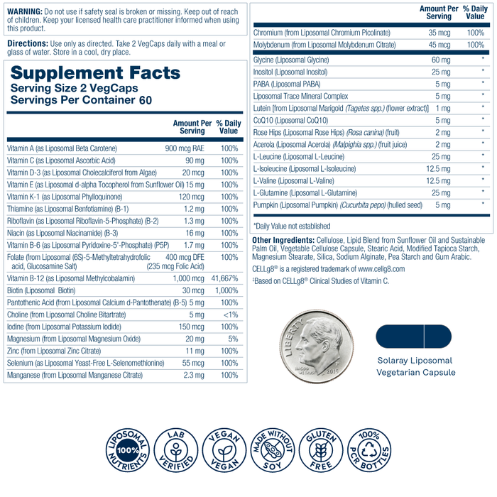 Solaray Liposomal Multivitamin for Men, Enhanced Absorption Immune, Energy & Bone Support Supplement, Mens Daily Multi Vitamin, BCAAs, Vitamin D3, C, B12, Zinc, Vegan, Soy Free, 60 Serv, 120 VegCaps