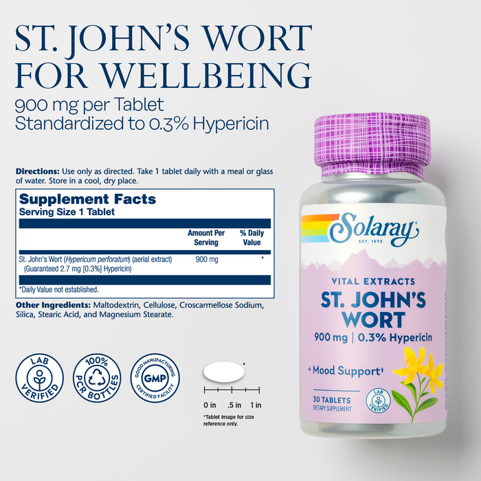 Solaray St. Johns Wort Aerial Extract One Daily 900mg , Standardized w/ 0.3% Hypericin for Mood Stability & Brain Health Support, Non-GMO