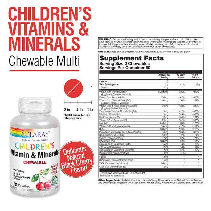 Solaray Childrens Vitamins & Minerals Complete Multivitamin for Kids Great Black Cherry Flavor (076280047974) (120 Chews, 60 Serv)