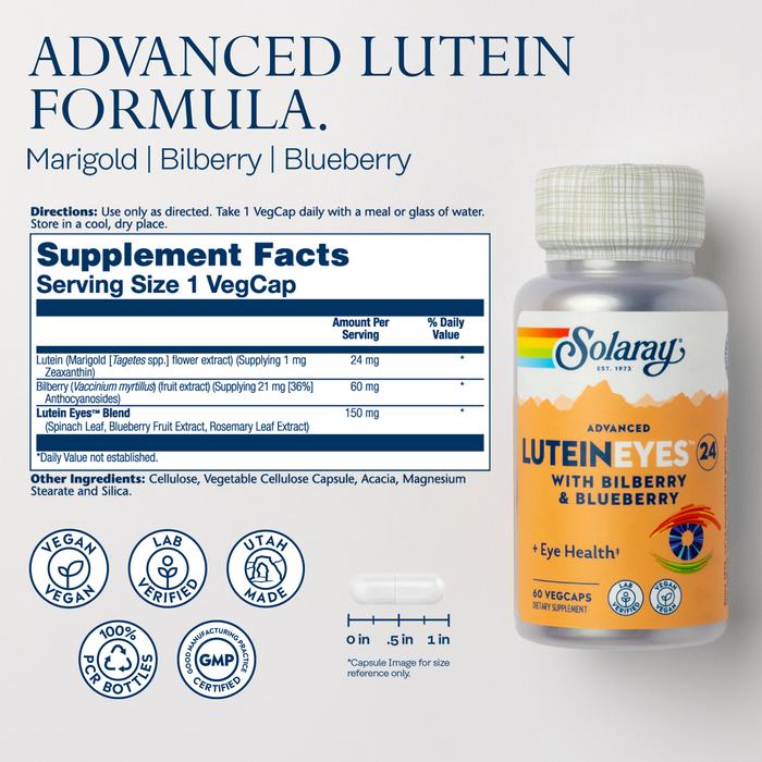 SOLARAY Advanced Lutein Eyes 24 mg - Lutein and Zeaxanthin Supplements - Eye Health Support with Blueberry and Bilberry Extract - Vegan, 60-Day Guarantee, Lab Verified - 60 Servings, 60 VegCaps (60 Servings, 60 VegCaps)