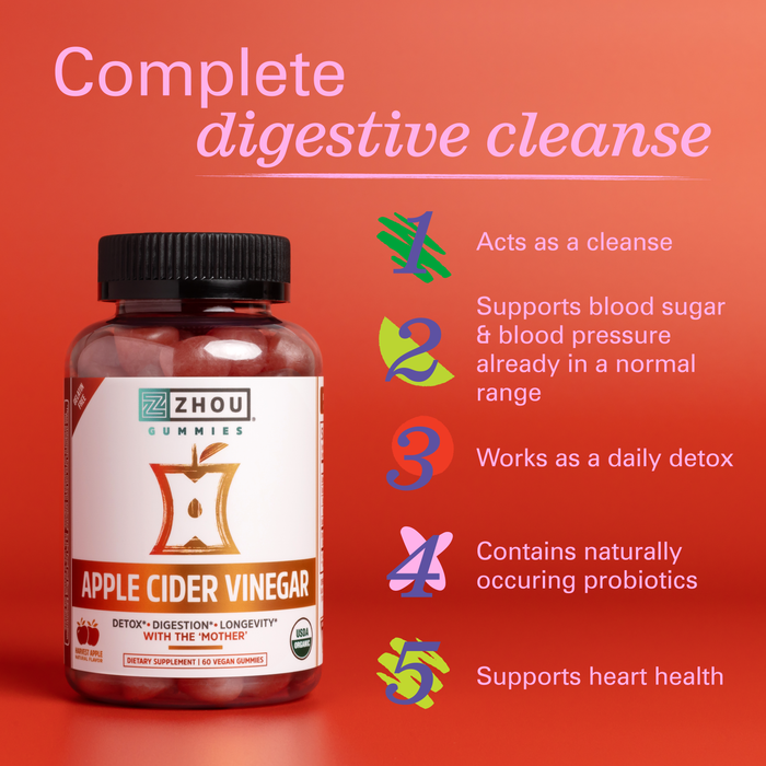 Zhou Nutrition Apple Cider Vinegar Gummies with The Mother - ACV Vegan Detox Cleanse - Gluten Free Probiotic Supplement for Digestion Support - 60 Gummies