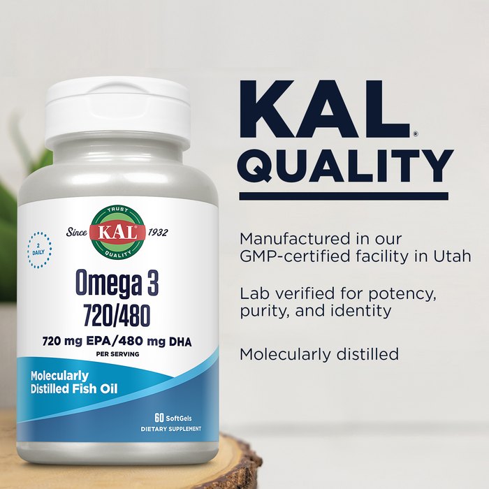 KAL Omega 3 Fish Oil 2,400 mg - 720/480 EPA DHA Supplements - Eye, Brain, and Joint Support Supplement - Molecularly Distilled and Lab Verified - 60-Day Guarantee - 30 Servings, 60 Softgels