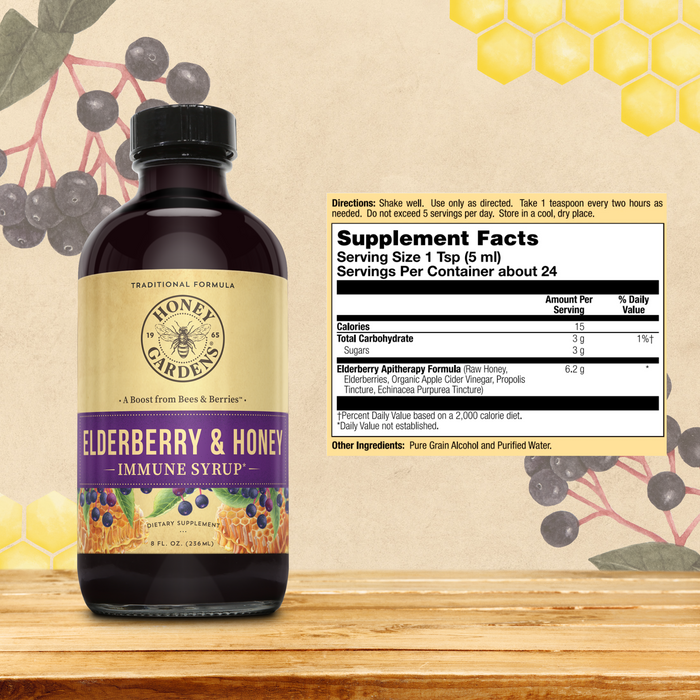 Honey Gardens Elderberry Syrup with Grade A Raw Honey, Propolis, Organic ACV & Elderberries | Traditional Immune Formula w/Echinacea  | Made in the USA