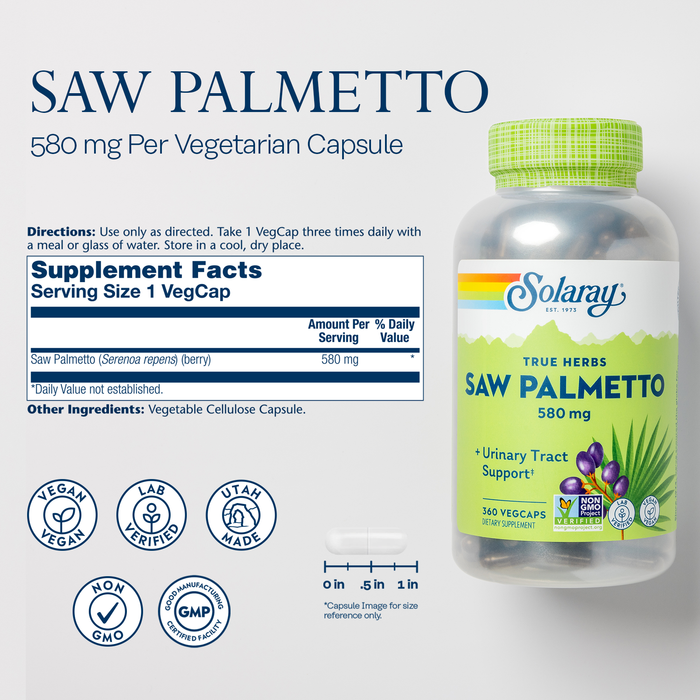 Solaray Saw Palmetto Berries 580 mg - Prostate Supplements for Men - Prostate Health, Urinary Tract Support, Hair Health, w/ Fatty Acids and Plant Sterols, Vegan, 60-Day Guarantee, 360 Servings, 360 VegCaps