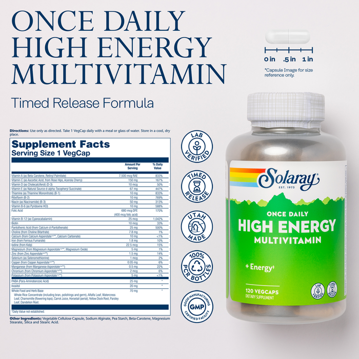 Solaray Once Daily High Energy Multivitamin, Timed Release Formula for Immune System and Energy Support, Whole Food and Herb Base, Men’s and Women’s Multi Vitamin, 120 Servings, 120 VegCaps (120 Servings, 120 VegCaps)