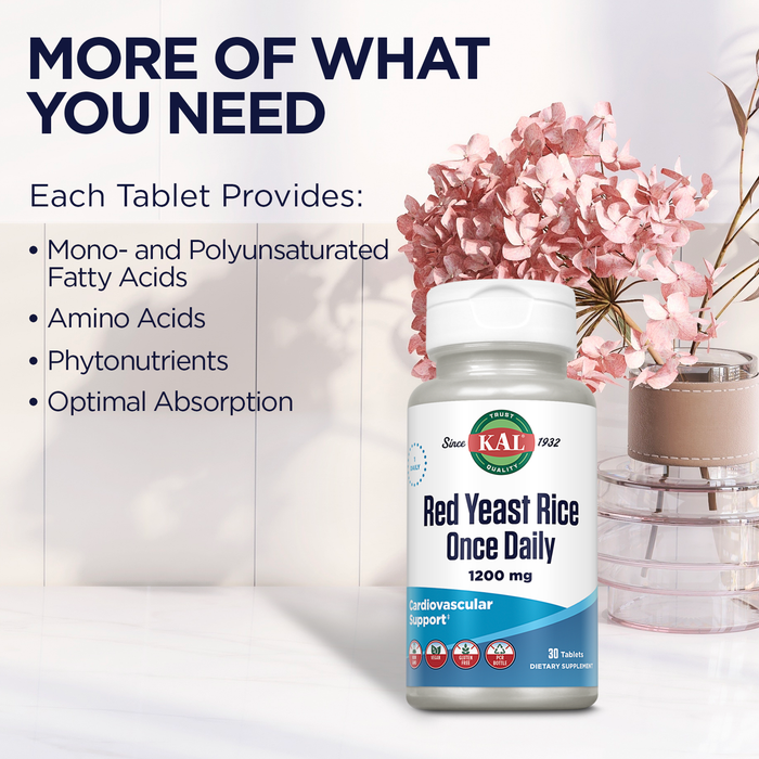 KAL Red Yeast Rice Once Daily 1200mg. Capsules With Unsaturated Fatty Acids, Amino Acids & Phytonutrients Rapid Disintegration, 60 Count