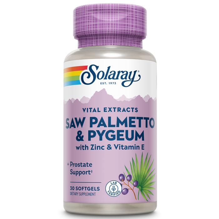 SOLARAY Saw Palmetto and Pygeum - Saw Palmetto for Men w/ Pygeum Bark, Zinc, Vitamin E, Pumpkin Seed Oil - Prostate Supplements for Men w/ Beta Sitosterol - 60-Day Guarantee - 30 Servings, 30 Softgels