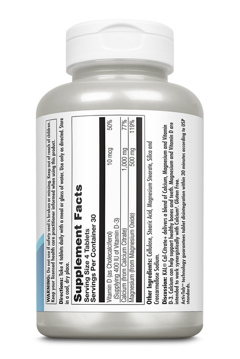 KAL Cal-Citrate+, Calcium Citrate Plus Vitamin D-3 and 500 mg of Magnesium, Healthy Bones and Teeth Support, Gluten Free and Lab Verified for Quality, 30 Servings, 120 Tablets