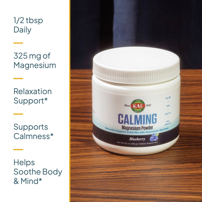 KAL Calming Magnesium Powder - Blueberry Flavor Magnesium Supplement - High Absorption, Relaxation Support, No Added Sugar, Vegan, Gluten Free, Made Without Soy - 40 Servings, 9 oz