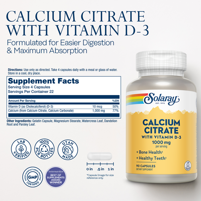 Solaray Calcium Citrate with Vitamin D3 1000mg - Bone Strength and Healthy Teeth Support - Gentle Digestion Formula - Lab Verified, 60-Day Guarantee - 15 Servings, 90 Capsules