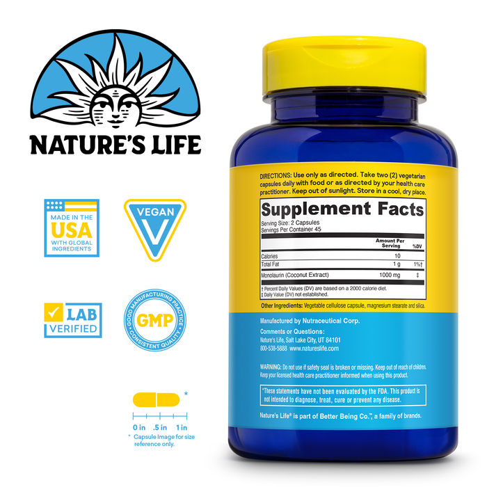 Natures Life Monolaurin 1000 mg, Nourishing Monolaurin from Natural Raw Coconut, Immune Support Supplement, Gut Health, Balanced Gut Flora, 60-Day Guarantee, 45 Servings, 90 Vegetarian Capsules