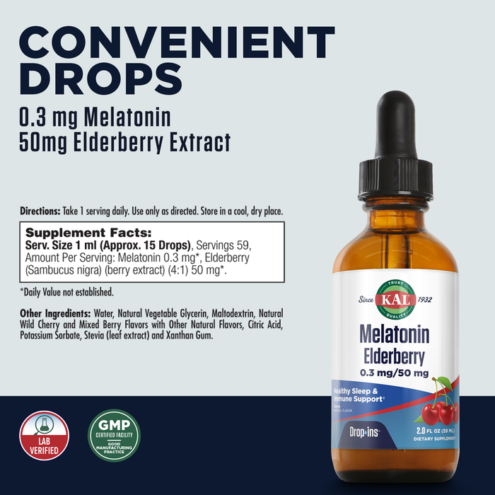 KAL Melatonin Elderberry DropIns - Fast Acting Melatonin Liquid with Elderberry - Sleep Aid, Immune Support Formula - Natural Cherry Flavor - 60-Day Money Back Guarantee, Approx. 59 Servings, 2 FL OZ