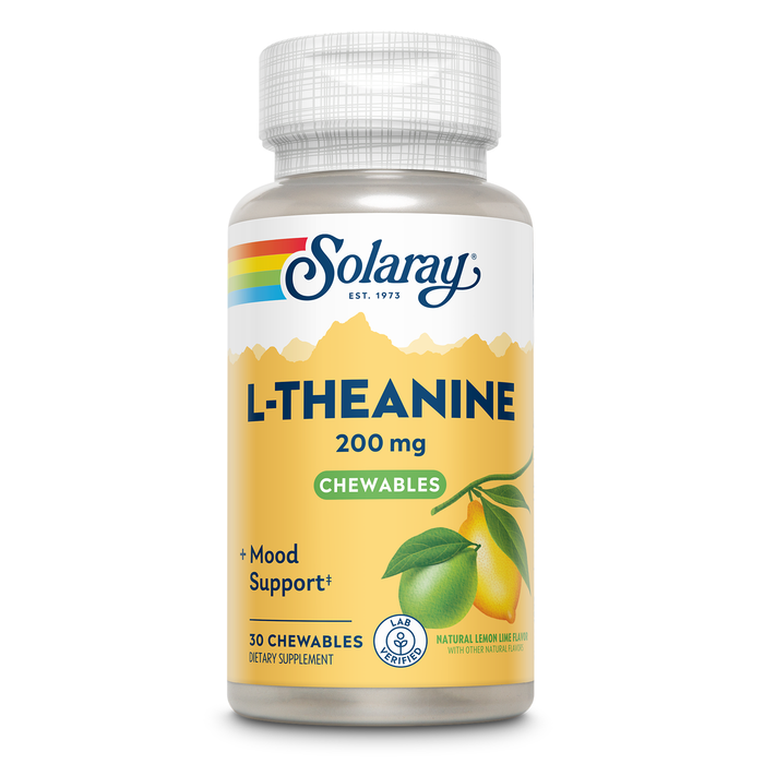 SOLARAY L Theanine 200mg, Mood Support Supplement with Vitamin B6 - Calming Support During Occasional Stress - Natural Lemon Lime Flavor - 60-Day Guarantee, Lab Verified - 30 Servings, 30 Chewables