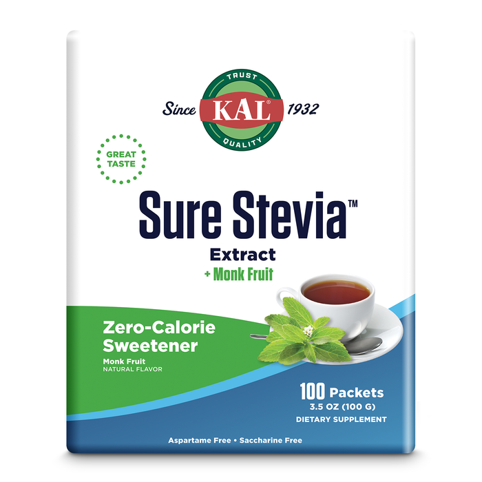 KAL Sure Stevia Plus Monk Fruit Sweetener - Great Tasting, Zero Calorie Sugar Free Sweetener - Low Glycemic, Perfect for a Keto Diet or Low Carb Diet, 60-Day Guarantee, 3.5oz, 100 Single-Serve Packets