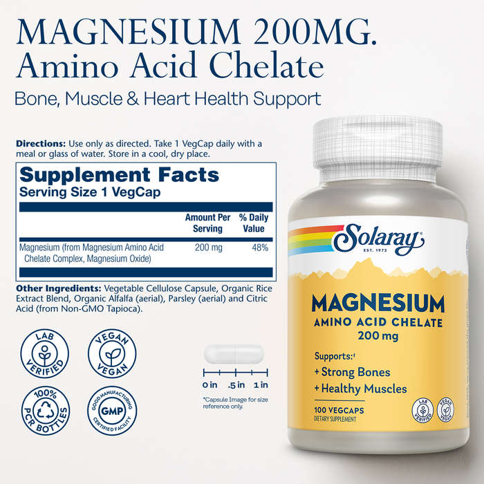 Solaray Magnesium Amino Acid Chelate 200 mg, Chelated Magnesium Supplement for Bone Health, Heart Health and Muscle Function Support, Vegan, 60-Day Money Back Guarantee, 100 Servings, 100 VegCaps