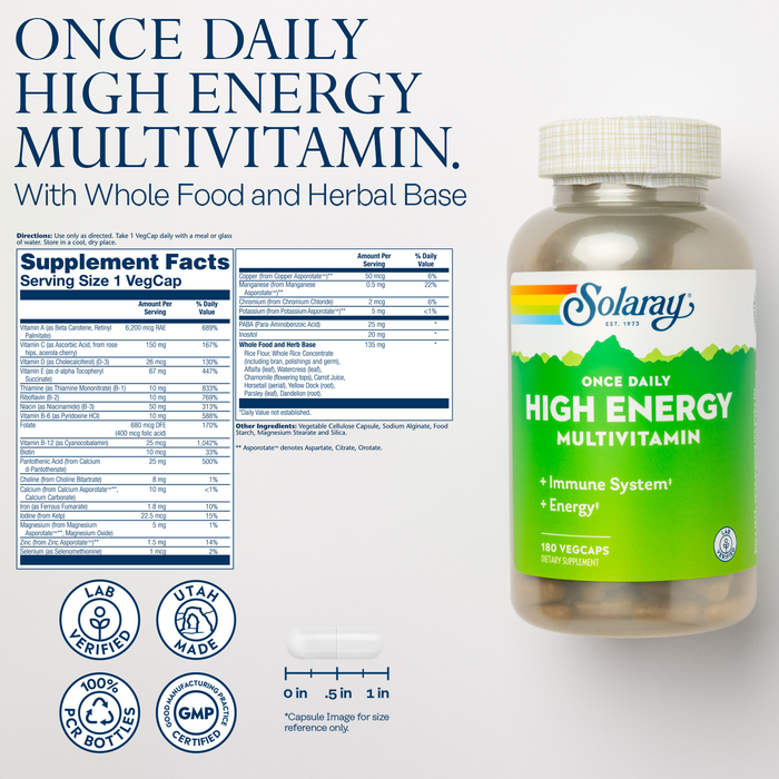 SOLARAY Once Daily High Energy Multivitamin for Women and Men - Energy Supplements - Immune Support w/ Vitamin C, A, D and E, Vitamin B Complex, Trace Minerals, 60-Day Guarantee, 60 Serv, 60 VegCaps (180 Servings, 180 VegCaps)