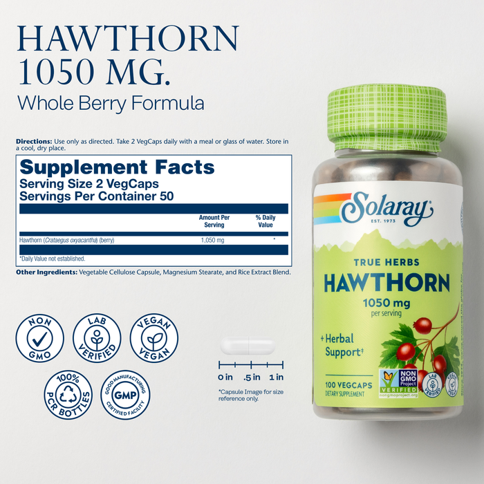 SSOLARAY Hawthorn Berry Capsules 1050 mg - Soothing Herbal Support - Hawthorne Berry Supplement for Overall Wellness Support - Whole Berry, Vegan, Non-GMO, 60 Day Guarantee, 50 Servings, 100 VegCaps