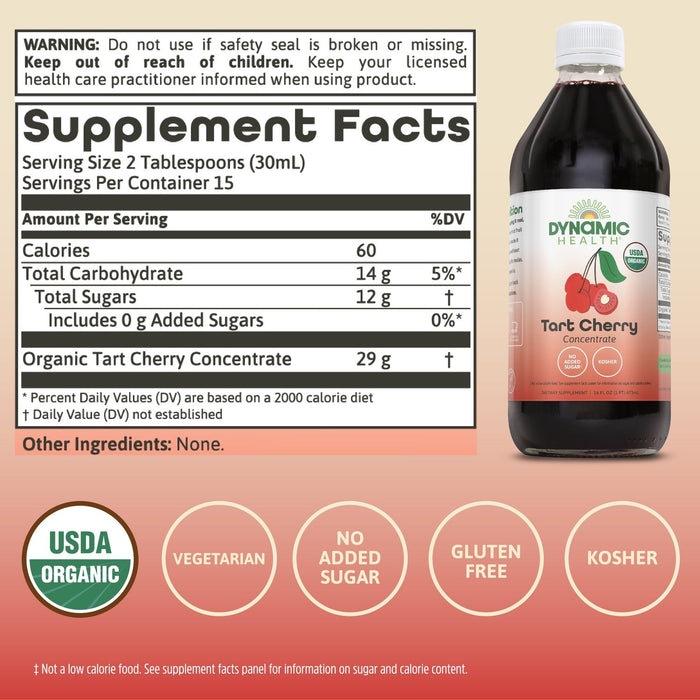 Dynamic Health Organic Tart Cherry Juice, Unsweetened 100% Juice Concentrate, Antioxidants Supplement, No Sweeteners or Additives, Vegan, Gluten Free, BPA Free