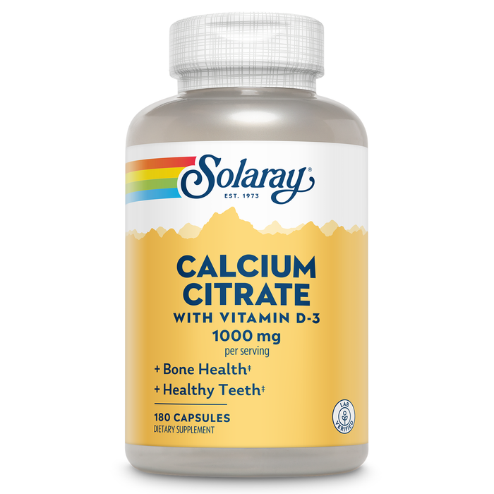 Solaray Calcium Citrate with Vitamin D3 1000mg - Bone Strength and Healthy Teeth Support - Gentle Digestion Formula - Lab Verified, 60-Day Guarantee - 30 Servings, 180 Capsules