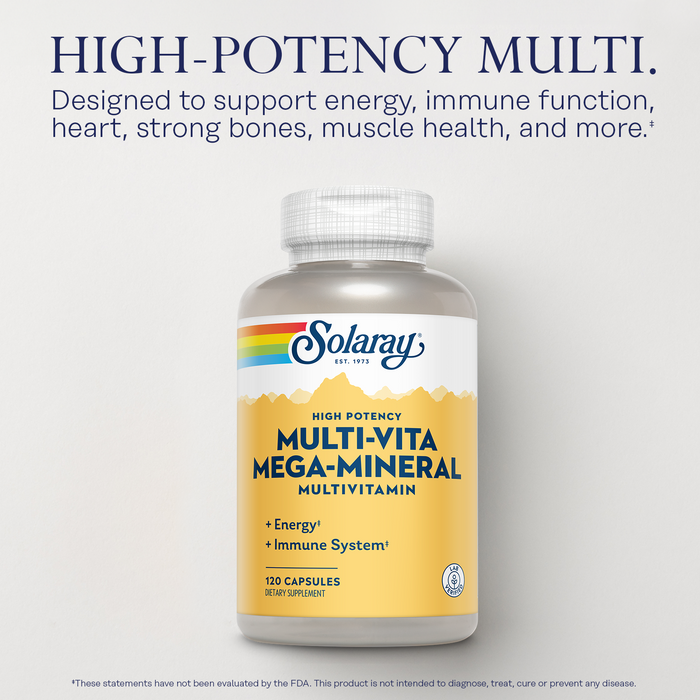 SOLARAY Multi-Vita Mega-Mineral Multivitamin for Women and Men with Vitamin D, Vitamin C, Magnesium, Zinc and More - Energy and Immune System Support - 60-Day Guarantee - 30 Servings, 120 Capsules