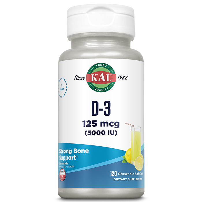 KAL Vitamin D3 5000 IU Chewable Softgels (125 mcg), Active Form Vitamin D, Calcium Absorption, Bone Health, Immune Support Supplement, Natural Lemonade Flavor, 60-Day Guarantee, 120 Serv, 120 Chews