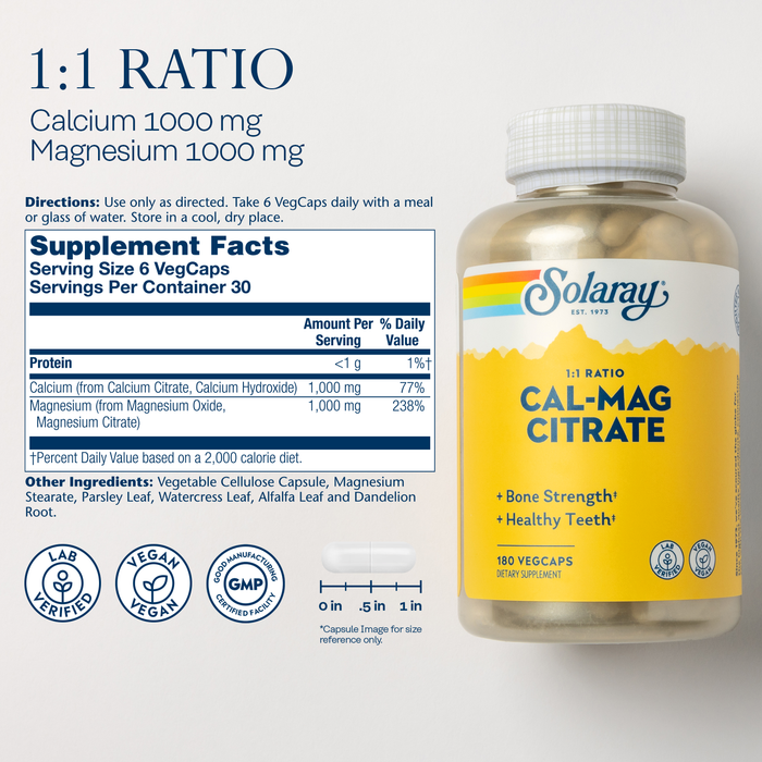 Solaray Calcium Magnesium Citrate 1000mg 1:1 Ratio, Bone Strength Supplement, Muscle, Nervous System and Bone Health Support, Chelated for High Absorption, Gentle Digestion, 30 Servings, 180 VegCaps