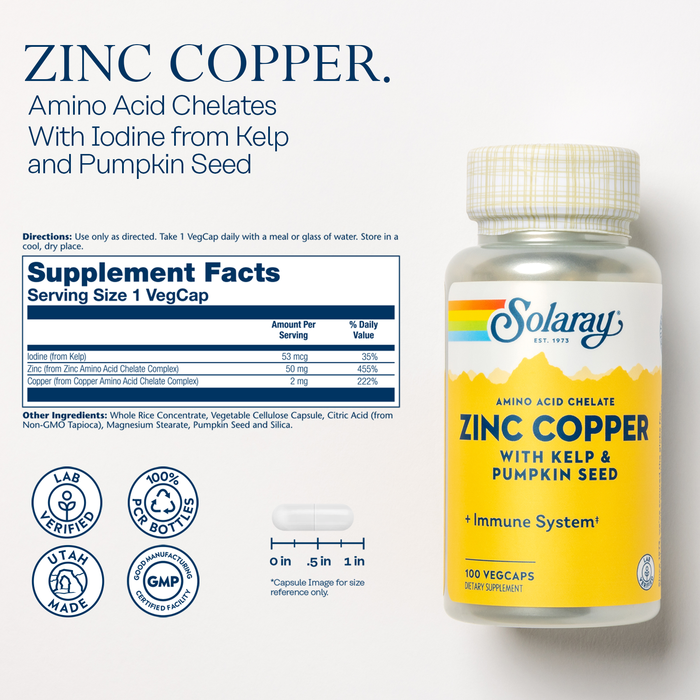 SOLARAY Zinc Copper Amino Acid Chelate - Immune Support Supplement w/ Chelated Zinc 50mg - Bone, Skin, Heart Health and Thyroid Support - With Iodine from Kelp, 60-Day Guarantee, 100 Serv, 100 VegCaps