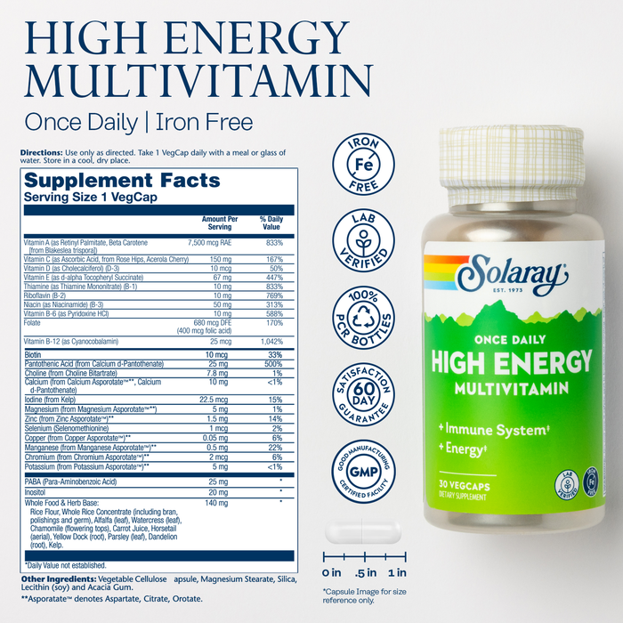 Solaray Once Daily High Energy Multivitamin, Iron Free, Immune System and Energy Support, Whole Food and Herb Base Ingredients, Mens and Womens Multi Vitamin (30 Servings, 30 VegCaps)