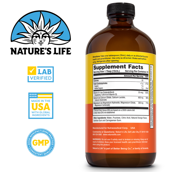 NATURE'S LIFE Liquid Calcium Magnesium Supplement with Vitamin D 3 - Bone Health, Muscle, Heart Health and Immune Support - Natural Orange Flavor, 60-Day Guarantee, Lab Verified, 31 Servings, 16 FL OZ