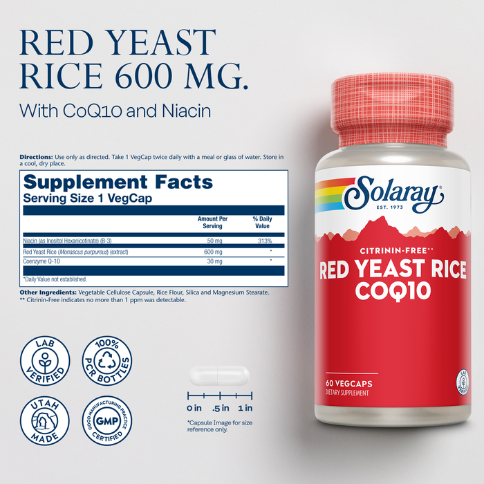 SOLARAY Red Yeast Rice with CoQ10 and Niacin (Vitamin B3) - High-Quality, Non-Irradiated Red Yeast Rice Plus CoEnzyme Q10 - Citrinin Free - 60-Day Guarantee, Lab Verified, 60 Servings, 60 VegCaps