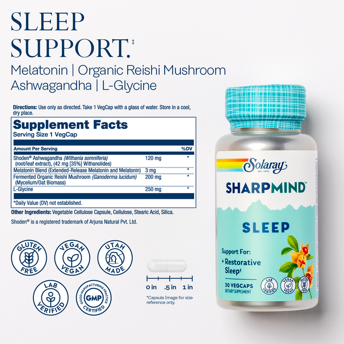 Solaray SharpMind Sleep, Nootropic Sleep Aid Formula, Nootropics Brain Support Supplement for a Calm Mood and Healthy Sleep with Slow Release Melatonin 3mg, 60 Day Guarantee, 30 Servings, 30 VegCaps