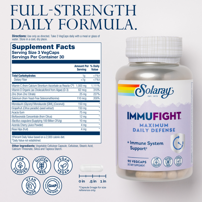 SOLARAY ImmuFight Maximum Daily Defense - Immune Support Supplement, All Day Wellness Formula, Vitamin C 1000mg, Vitamin D, Zinc, Probiotics, Vegan, Gluten Free, 60 Day Guarantee, 30 Serv, 90 VegCaps