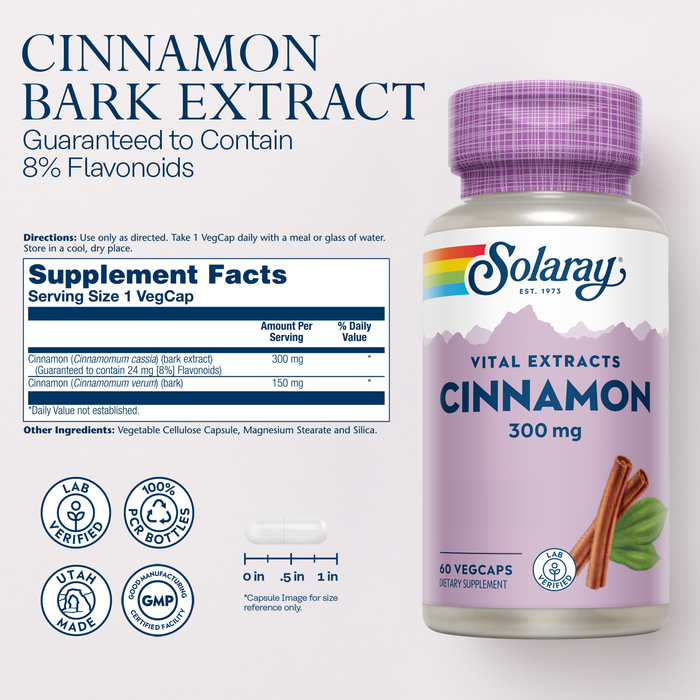 Solaray Cinnamon Extract 300mg- Cinnamon Supplements for Digestive Health and Balance with Cinnamon Bark Extract - Antioxidant Support with 24mg Flavonoids, 60-Day Guarantee, 60 Servings, 60 VegCaps