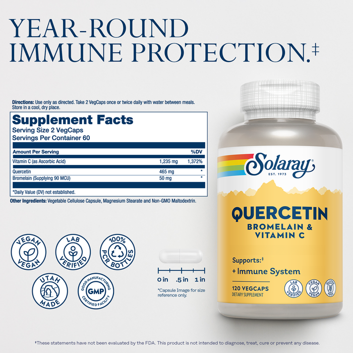 SOLARAY Quercetin with Bromelain and Vitamin C - Immune Support Supplement - Antioxidant and Heart Health Complex with Quercetin 500mg and 1235mg Vit C - Vegan, 60-Day Guarantee, 60 Serv, 120 VegCaps (120 CT, 40 Serv)