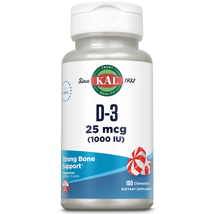 KAL Vitamin D3 1000 IU 25 mcg, Vitamin D Chewables, Calcium Absorption, Bone Health and Immune Support Supplement, Natural Peppermint Flavor, Sweetened with Xylitol, 100 Servings, 100 Chews