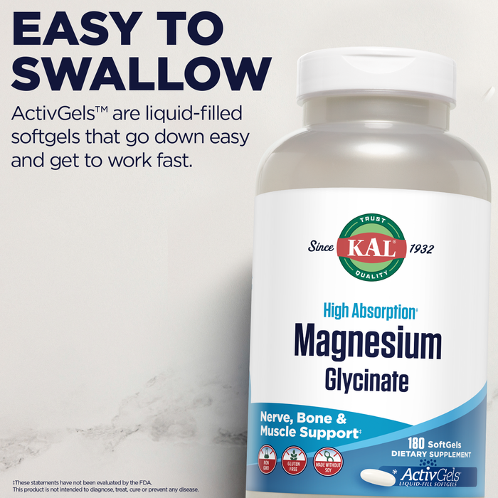 KAL Magnesium Glycinate ActivGels 315mg, Fully Chelated, High Absorption Magnesium Supplement for  Relaxation, Muscle & Bone Support, Non-GMO, Gluten Free, 60 Servings, 180 Softgels