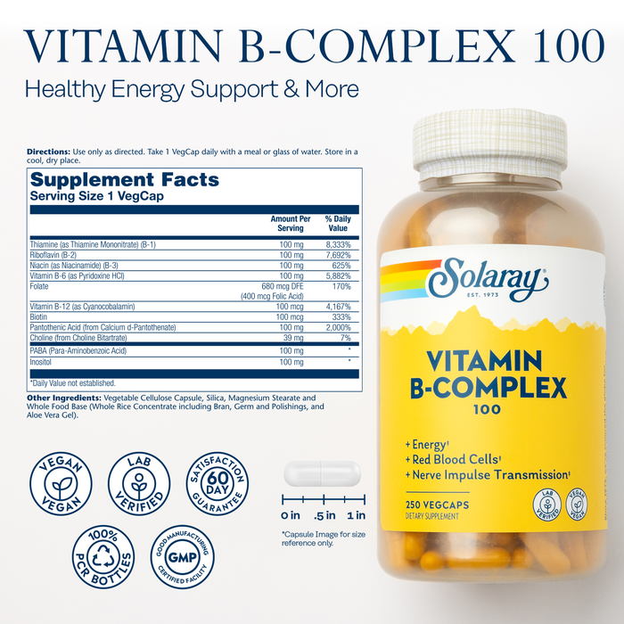 Solaray Vitamin B-Complex 100 Supports Healthy Hair & Skin, Immune System Function, Blood Cell Formation & Energy Metabolism , 250 VegCaps