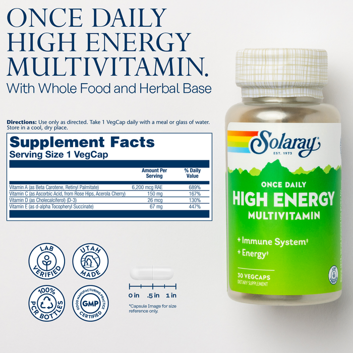 SOLARAY Once Daily High Energy Multivitamin for Women and Men - Energy Supplements - Immune Support w/ Vitamin C, A, D and E, Vitamin B Complex, Trace Minerals, 60-Day Guarantee, 60 Serv, 60 VegCaps (30 Servings, 30 VegCaps)