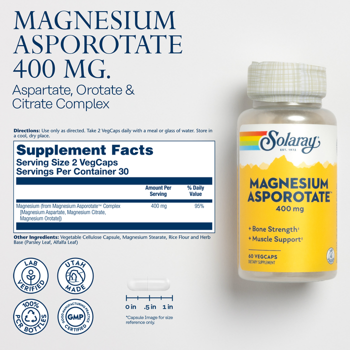 SOLARAY Magnesium Asporotate - Chelated Magnesium 400mg w/ Magnesium Citrate, Orotate and Aspartate - Bone Health, Muscle, Heart Health and Relaxation Support, 60-Day Guarantee, 30 Serv, 60 VegCaps (60 CT)