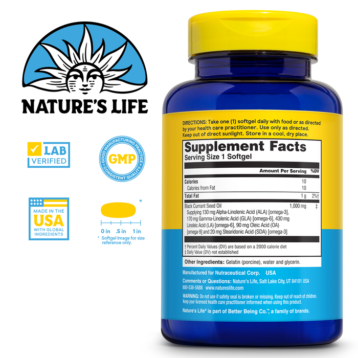 NATURE'S LIFE Black Currant Seed Oil 1000mg - Black Currant Oil, Natural Source of Omega 6 Gamma Linolenic Acid (GLA) and Omega 3 Alpha-Linolenic Acid (ALA), 60-Day Guarantee, 60 Servings, 60 Softgels