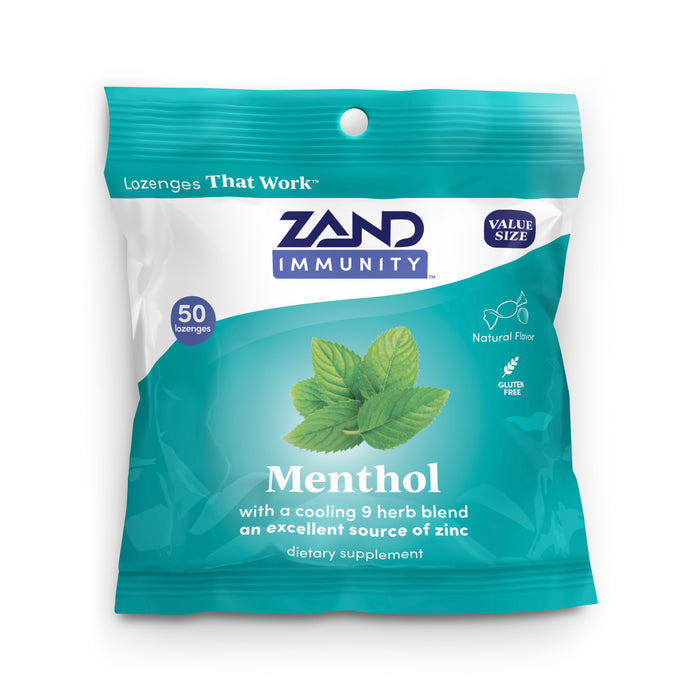 ZAND IMMUNITY Menthol Throat Lozenges - Good-for-You Dry Mouth Lozenges, Immune Support Supplement w/ Chelated Zinc 5mg, Slippery Elm, Soothe a Dry Throat, Naturally Flavored, Vegan, Gluten Free, 50ct