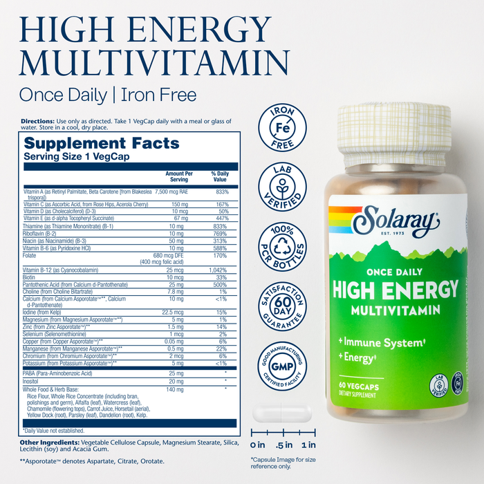 Solaray Once Daily High Energy Multivitamin, Iron Free, Immune System and Energy Support, Whole Food and Herb Base Ingredients, Mens and Womens Multi Vitamin ( 60 Servings, 60 VegCaps)