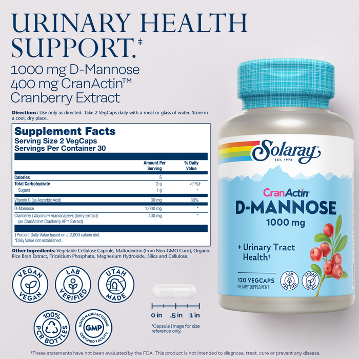 Solaray D-Mannose 1000mg with CranActin Cranberry Extract - D Mannose Cranberry Supplement with Vitamin C - Supports Urinary Tract and Bladder Health - Vegan, 60 Day Guarantee, 75 Serv, 150 VegCaps (120 CT)