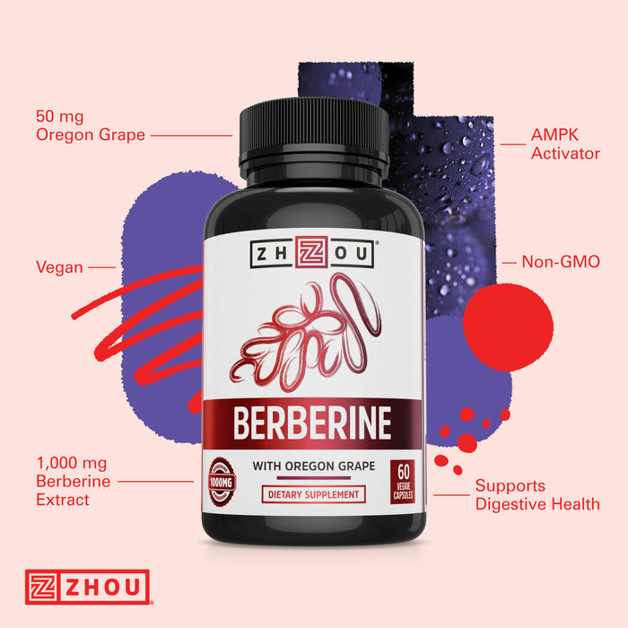 Zhou Nutrition Berberine Supplement 1000mg with Oregon Grape, Vegan, Gluten-Free, 30 Servings