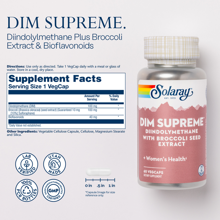 SOLARAY DIM Supreme - DIM Supplement 100mg - Diindolylmethane DIM Complex with Broccoli Seed Extract and Bioflavonoids - Women's Health and Balance Support - 60-Day Guarantee - 60 Servings, 60 VegCaps