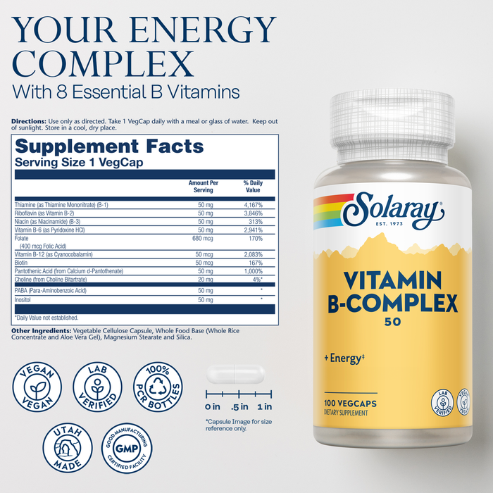 SOLARAY Vitamin B Complex 50 mg - Cellular Energy Vitamins - Metabolism and Nerve Health Support with Vitamin B12, Vitamin B1, B6, Niacin, Folic Acid, Biotin and Other B Vitamins - Vegan, 100 VegCaps