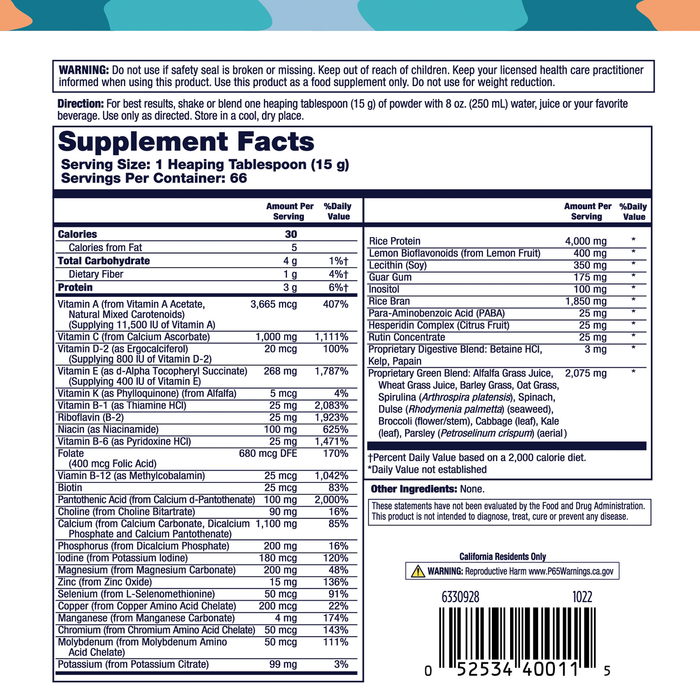 Lifetime allOne Green Phyto Base Multiple Vitamin and Mineral Powder, Unflavored, Wholesome Greens & Rice Protein, Non-GMO & Gluten Free, 60 Day Money-Back Guarantee, 66 Servings, 2.2 lbs (66 Servings)