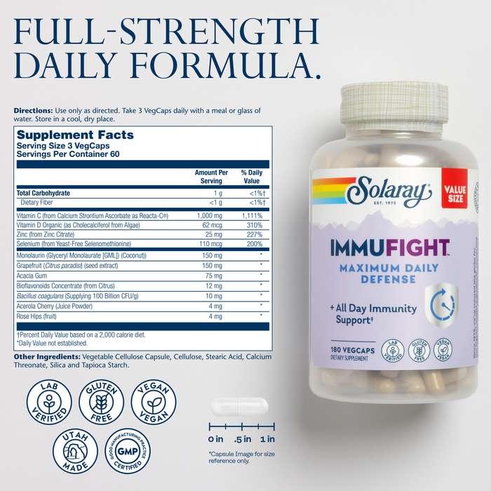 SOLARAY ImmuFight Maximum Daily Defense - Immune Support Supplement, All Day Wellness Formula, Vitamin C 1000mg, Vitamin D, Zinc, Probiotics, Vegan, Gluten Free, 60 Day Guarantee, 30 Serv, 90 VegCaps