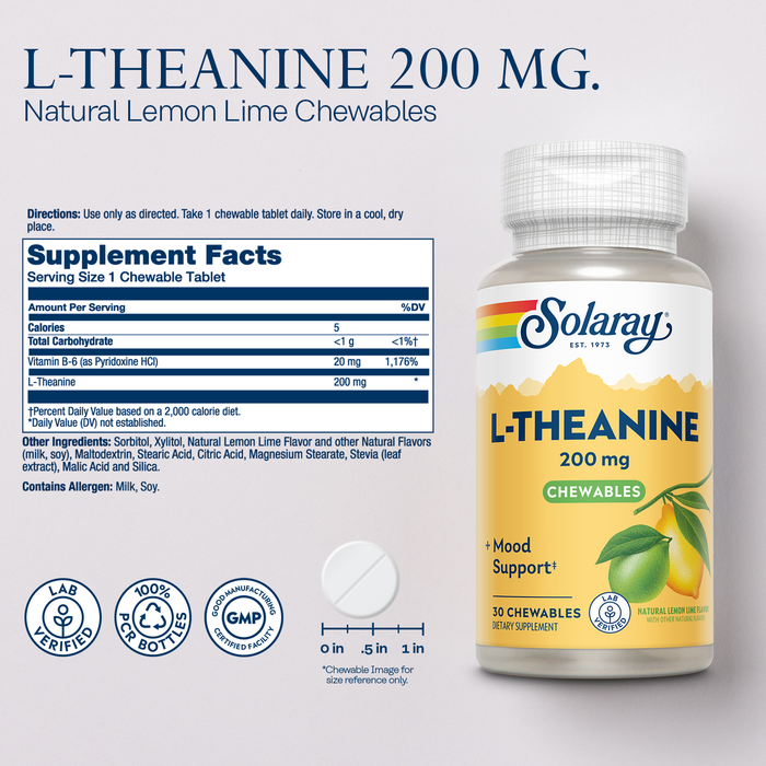 SOLARAY L Theanine 200mg, Mood Support Supplement with Vitamin B6 - Calming Support During Occasional Stress - Natural Lemon Lime Flavor - 60-Day Guarantee, Lab Verified - 30 Servings, 30 Chewables